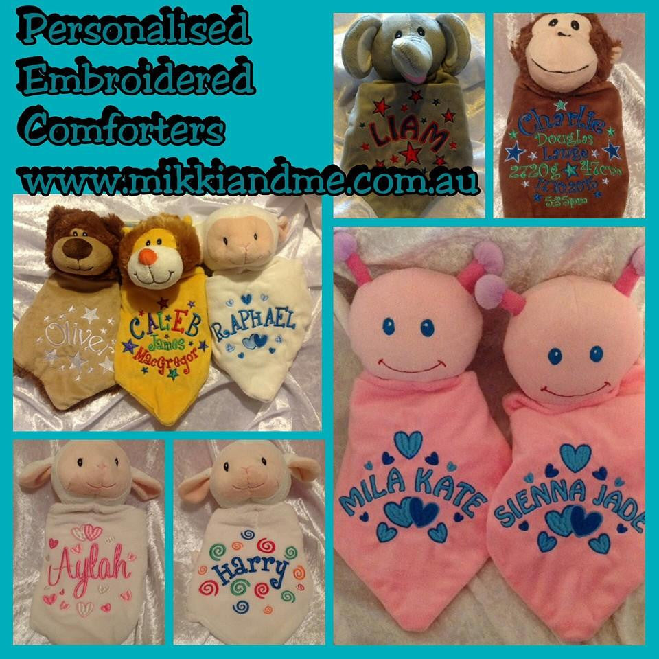 Personalised embroidered keepsake comforters, able to have a name, birthday, weight sewn onto the comforter. Great baby gift. - Mikki and Me Kids