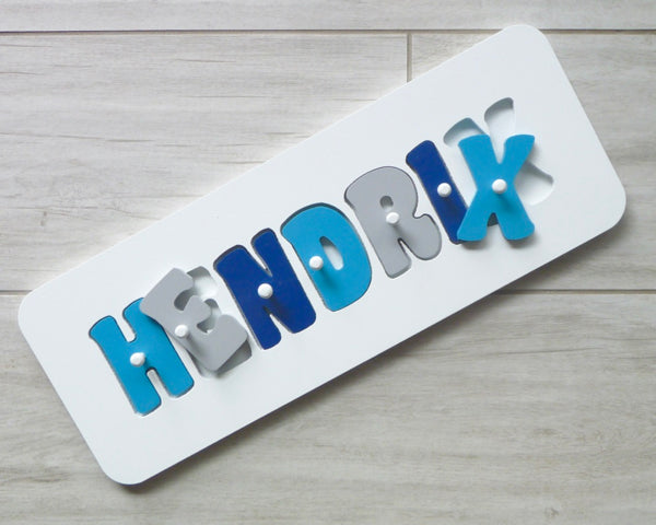 Hand made personalised name puzzle - Aqua, Grey and Navy - Mikki and Me Kids