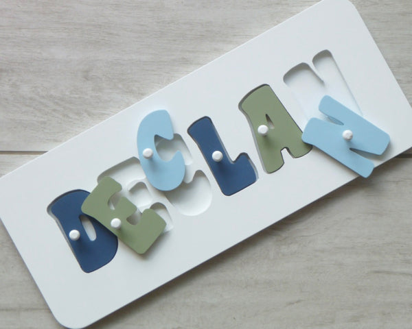 Hand made personalised name puzzle - Blues and Green - Mikki and Me Kids