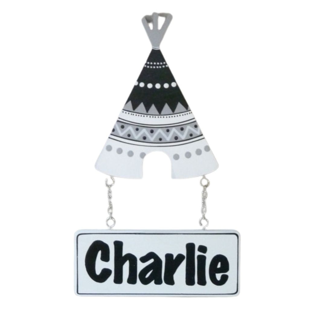 Kids personalised, decorative, and hand made door plaque - Tribal Teepee - Black & White - Mikki & Me Kids