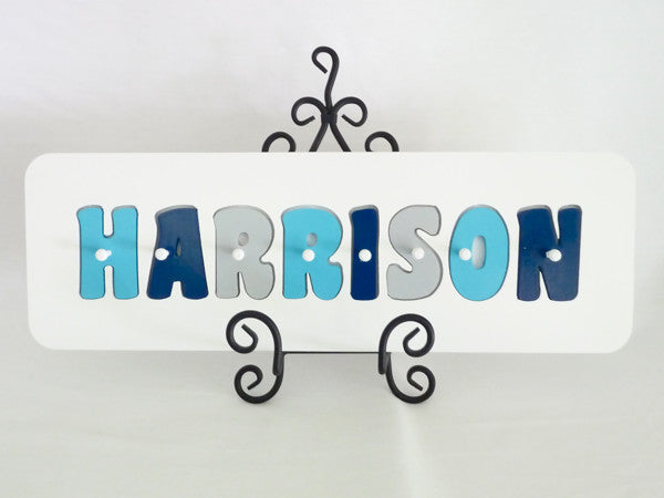 Hand made personalised name puzzle - Aqua, Grey and Navy - Mikki and Me Kids