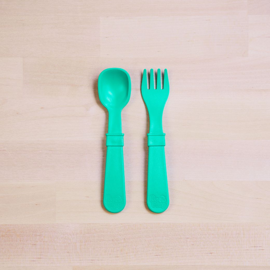 aqua Replay spoon and fork set made out of recycled plastic Mikki and Me Kids