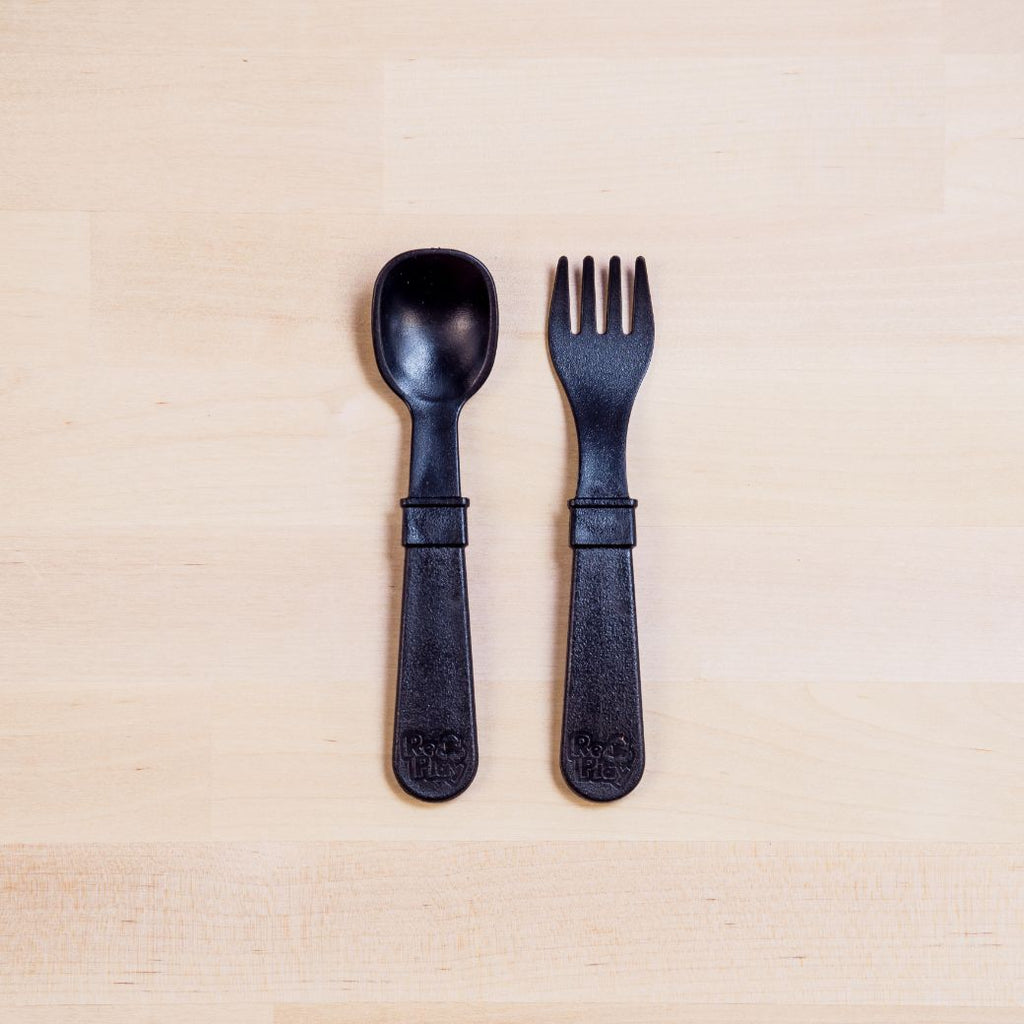 black Replay spoon and fork set made out of recycled plastic   Mikki and Me Kids