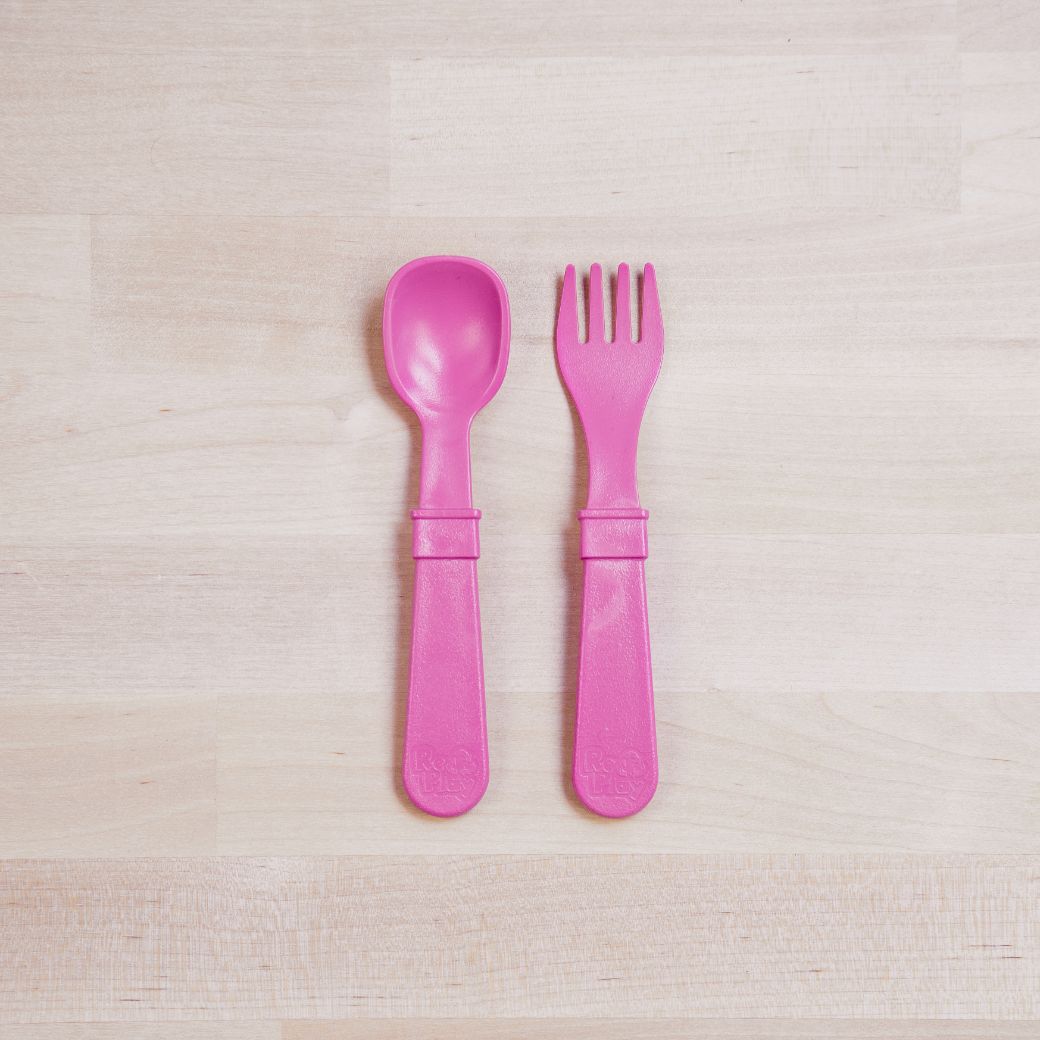 bright pink Replay spoon and fork set made out of recycled plastic Mikki and Me Kids