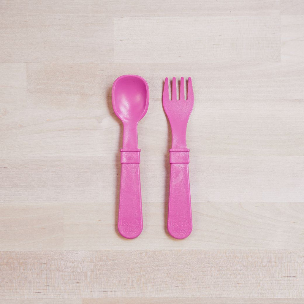 bright pink Replay spoon and fork set made out of recycled plastic   Mikki and Me Kids