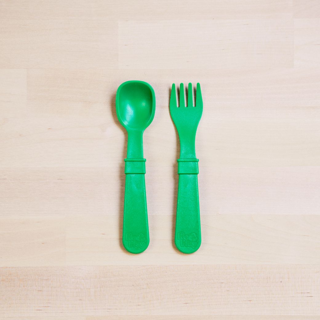 kelly green Replay spoon and fork set made out of recycled plastic Mikki and Me Kids