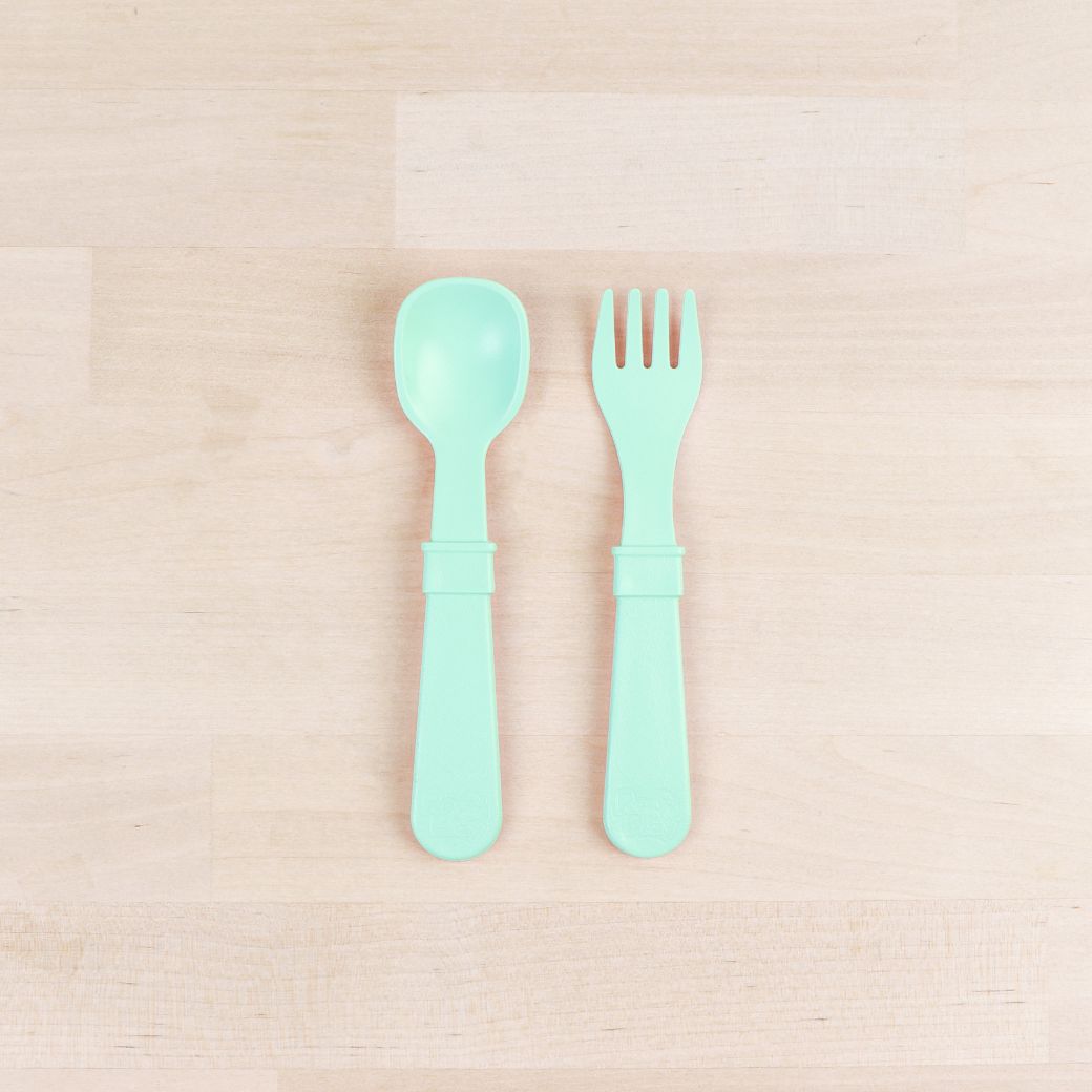 mint Replay spoon and fork set made out of recycled plastic Mikki and Me Kids