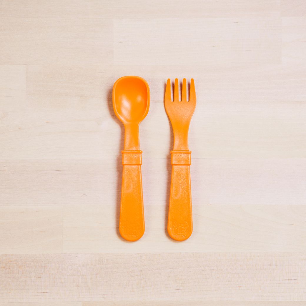 orange Replay spoon and fork set made out of recycled plastic Mikki and Me Kids