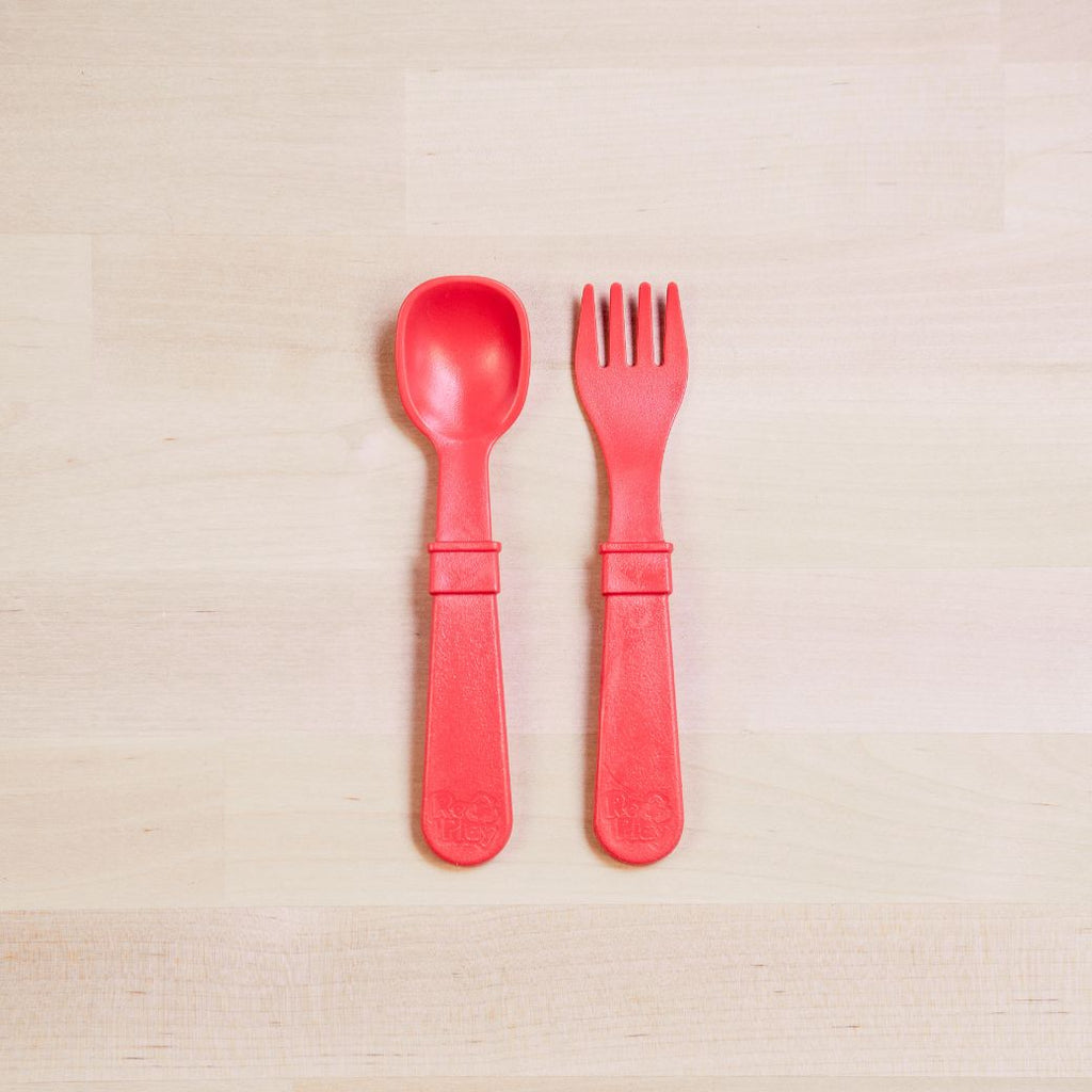 red Replay spoon and fork set made out of recycled plastic   Mikki and Me Kids