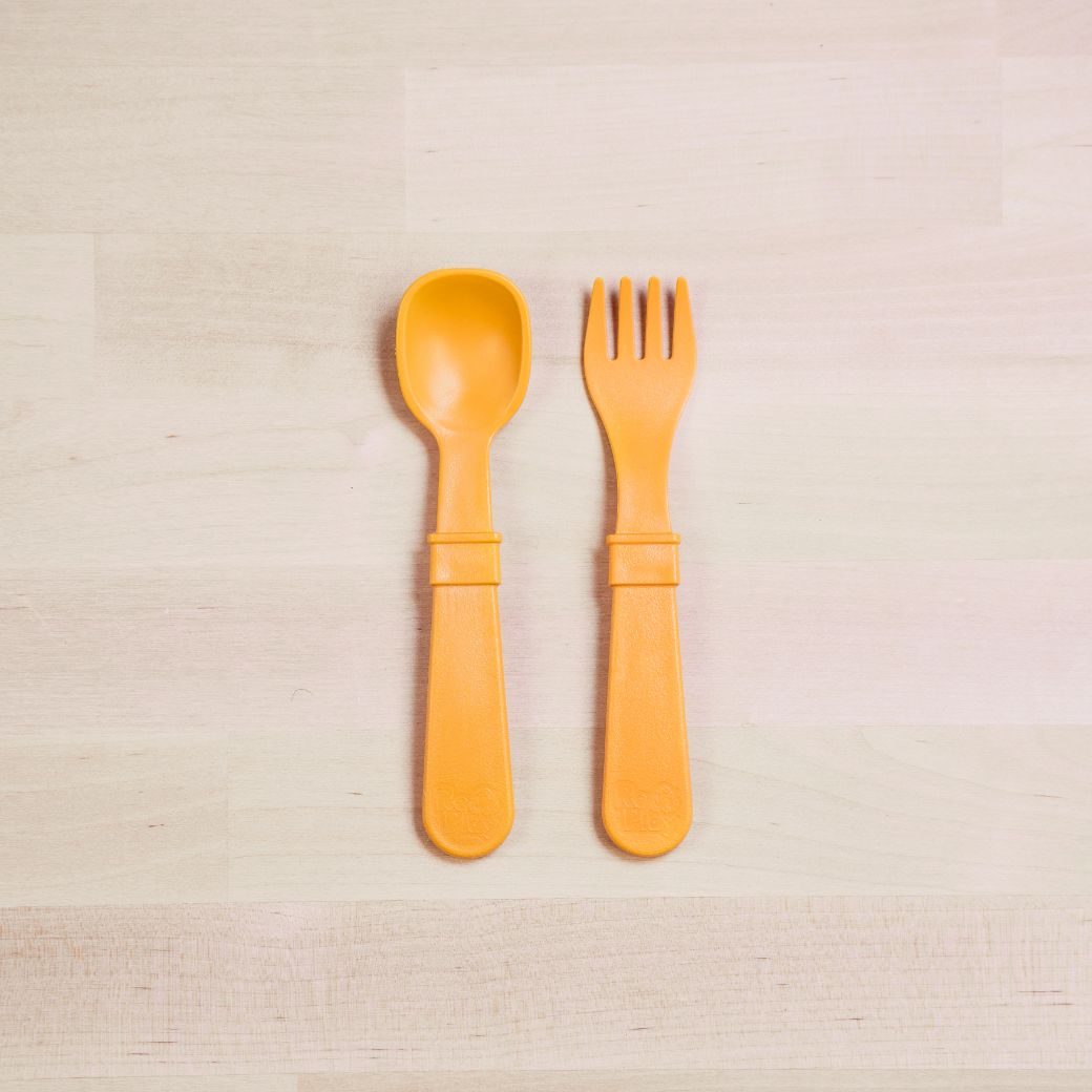 sunny yellow Replay spoon and fork set made out of recycled plastic Mikki and Me Kids