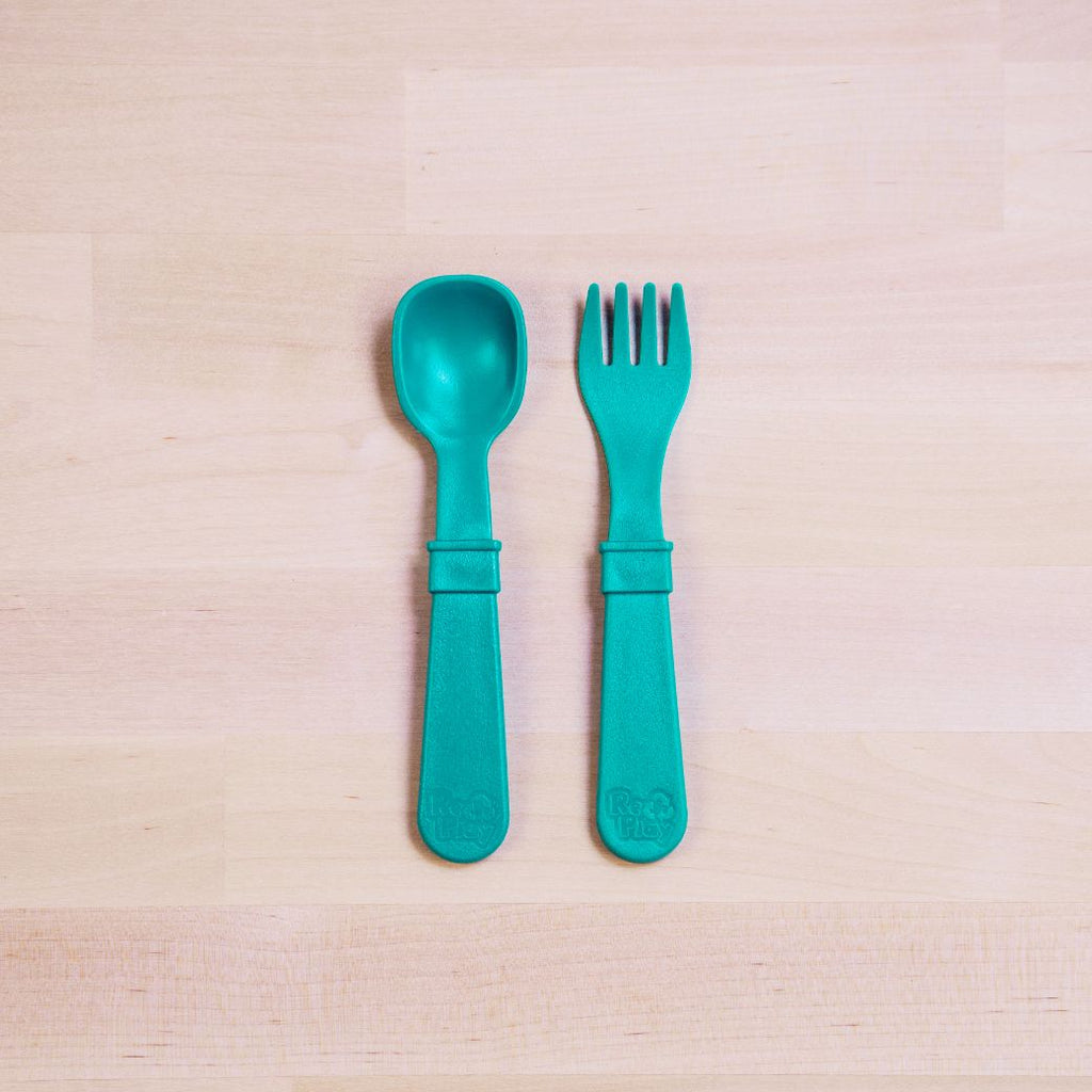 teal Replay spoon and fork set made out of recycled plastic   Mikki and Me Kids