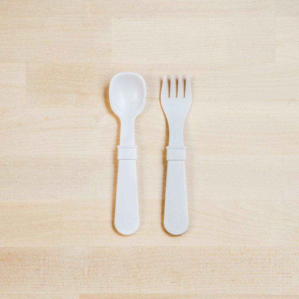 white Replay spoon and fork set made out of recycled plastic   Mikki and Me Kids