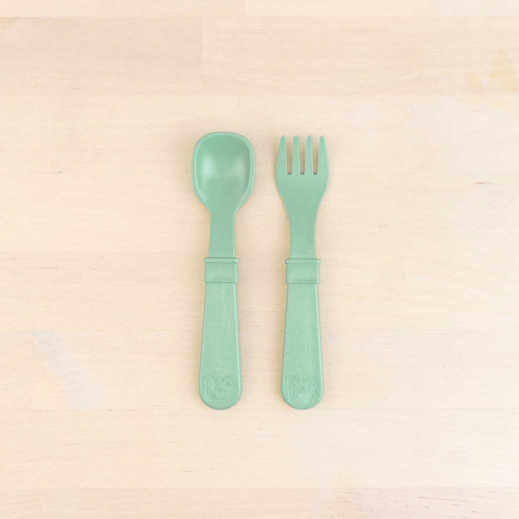 sage Replay spoon and fork set made out of recycled plastic   Mikki and Me Kids