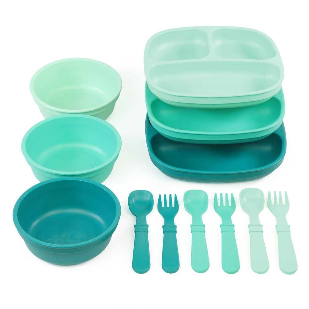 Replay Divided Plate, Bowl & Cutlery Combo - Seaweed