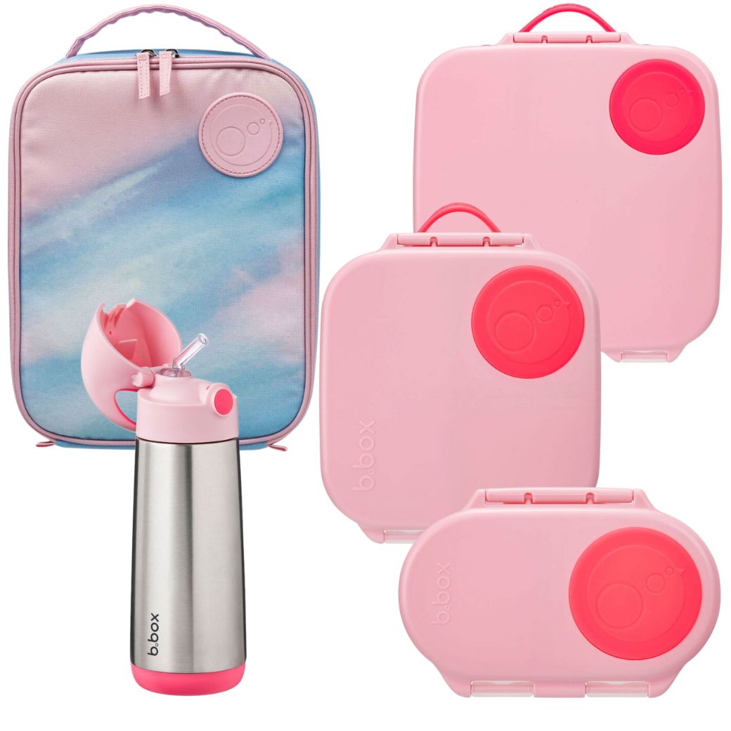 B.Box Ultimate Flamingo Fizz Bundle - Lunch Bag, Large, Mini, Snackbox & Drink Bottle