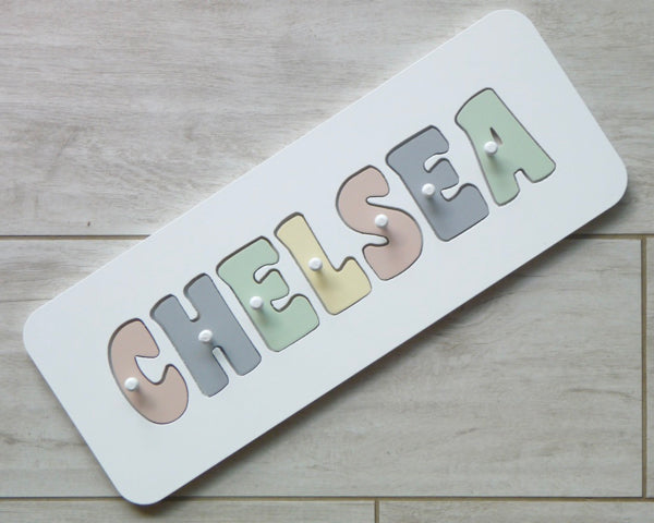 Hand made personalised name puzzle - Nude, grey, green, lemon - Mikki and Me Kids