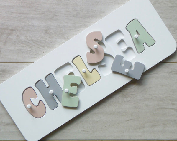 Hand made personalised name puzzle - Nude, grey, green, lemon - Mikki and Me Kids