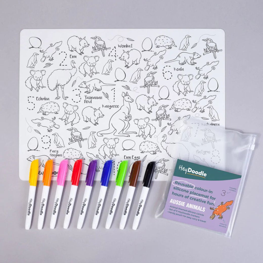 Aussie animals hey doodle reusable silicone drawing mat for kids, keep kids entertained while at restaurants, cafes and travelling - Mikki and Me Kids