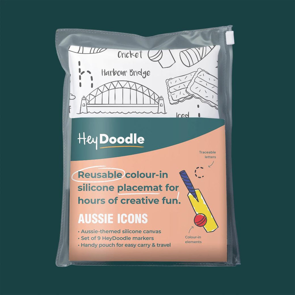 Aussie icons hey doodle reusable silicone drawing mat for kids, keep kids entertained while at restaurants, cafes and travelling - Mikki and Me Kids