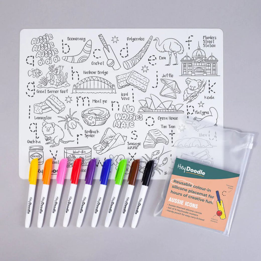 Aussie icons hey doodle reusable silicone drawing mat for kids, keep kids entertained while at restaurants, cafes and travelling - Mikki and Me Kids
