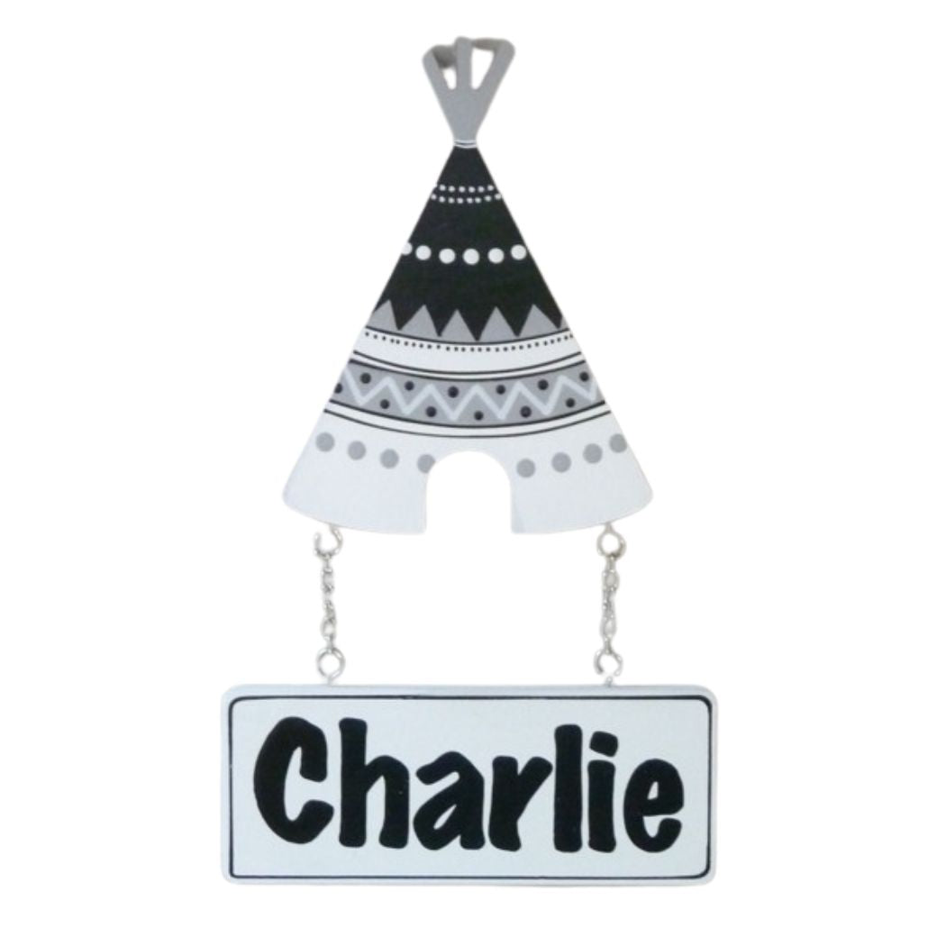 Kids personalised, decorative, and hand made door plaque - Tribal Teepee - Black & White - Mikki & Me Kids