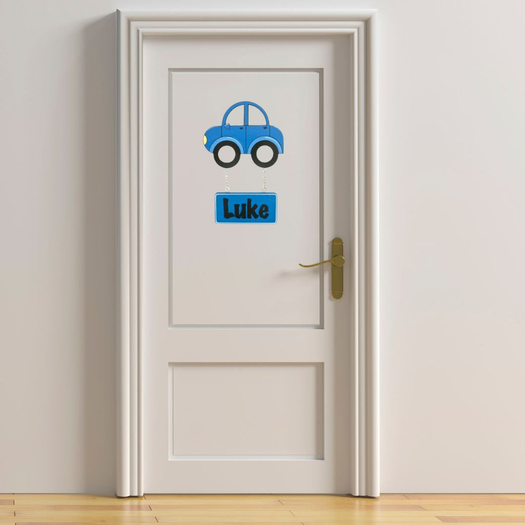 Kids personalised, decorative, and hand made door plaque - Car Blue - Mikki & Me Kids