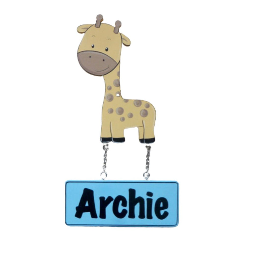 Kids personalised, decorative, and hand made door plaque - Giraffe blue - Mikki and Me Kids