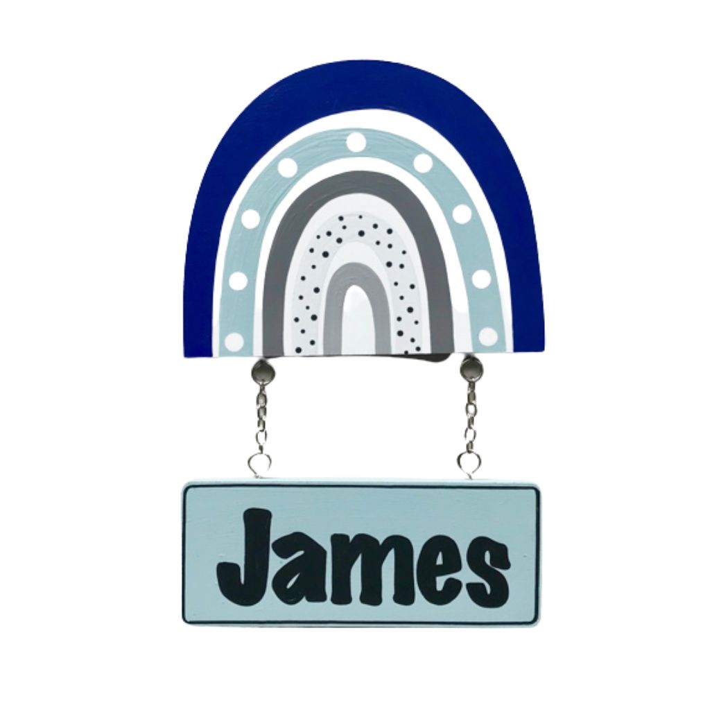 Kids personalised, decorative, and hand made door plaque - Boho Rainbow Blue - Mikki and Me Kids