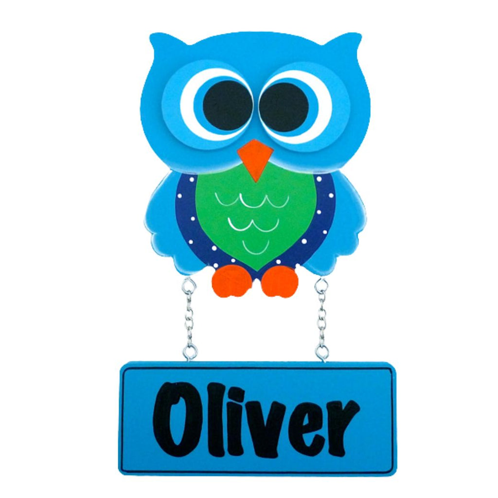 Kids personalised, decorative, and hand made door plaque - Owl Aqua - Mikki & Me Kids