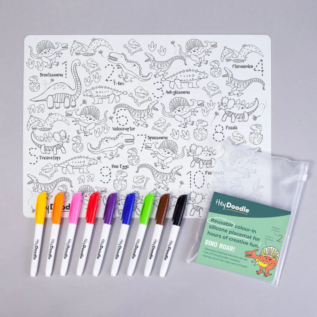 dinosaurs hey doodle reusable silicone drawing mat for kids, keep kids entertained while at restaurants, cafes and travelling - Mikki and Me Kids