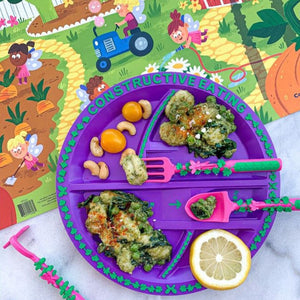 garden fairy theme dinnerware and tableware for kids, including utensils/cutlery plate and placemat, made by constructive eating - Mikki and Me Kids