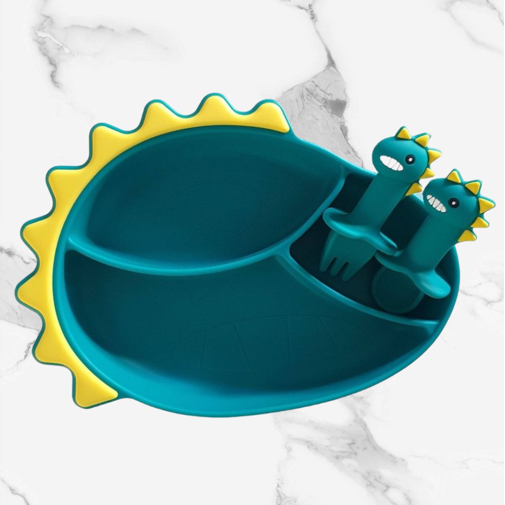 Silicone Dinosaur Divided Suction Plate & Cutlery for Kids