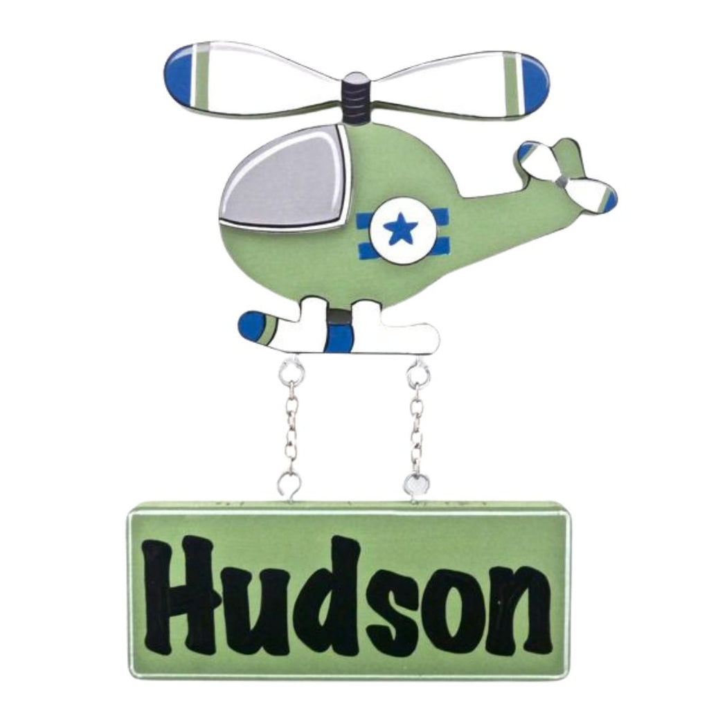 Kids personalised, decorative, and hand made door plaque - Helicopter Green - Mikki & Me Kids