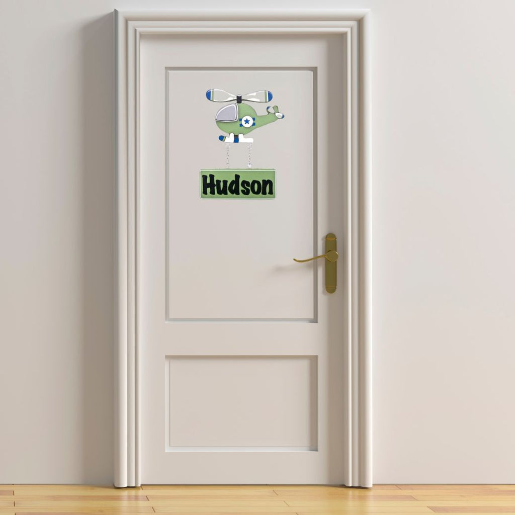 Kids personalised, decorative, and hand made door plaque - Helicopter Green - Mikki & Me Kids