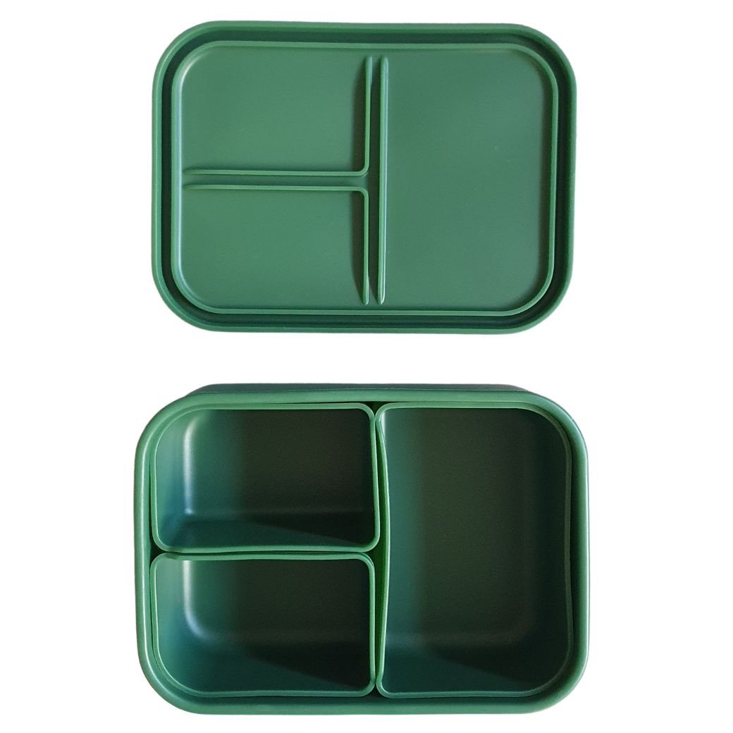 dark green siliocne bento lunchbox with removeable inserts | Mikki and Me