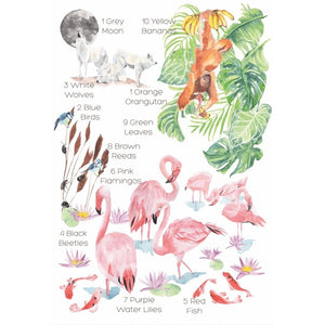 Hand painted nursery and playroom wall art featuring wolves, orangutans and flamingos