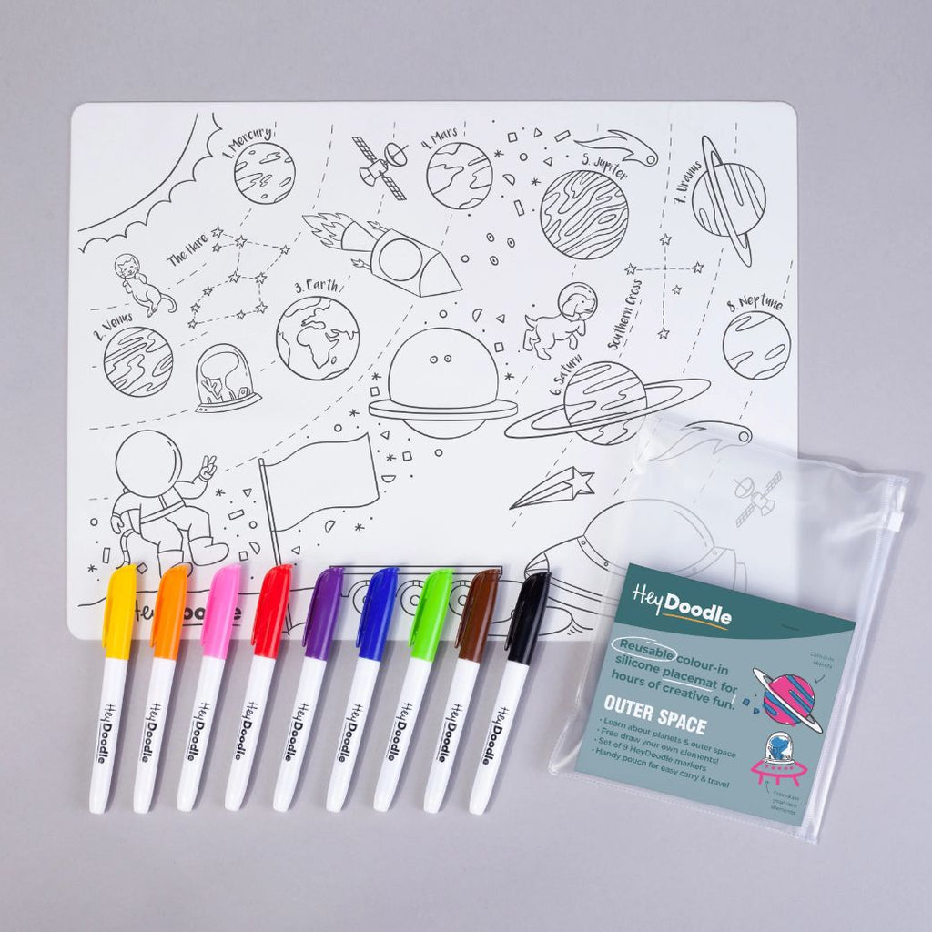 outer space hey doodle reusable silicone drawing mat for kids, keep kids entertained while at restaurants, cafes and travelling - Mikki and Me Kids