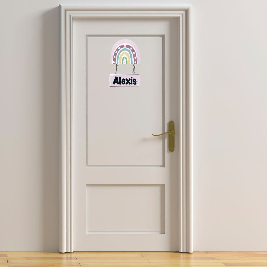 Kids personalised, decorative, and hand made door plaque - Boho Rainbow Pink - Mikki and Me Kids