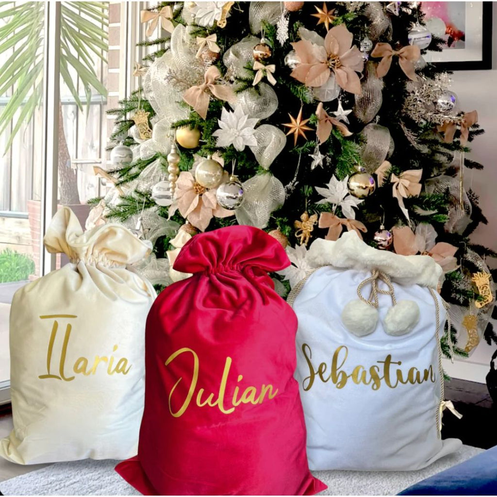 personalised red velvet santa sacks for christmas