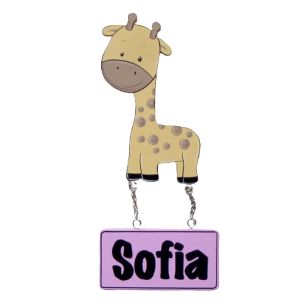 Kids personalised, decorative, and hand made door plaque - Giraffe pink - Mikki and Me Kids
