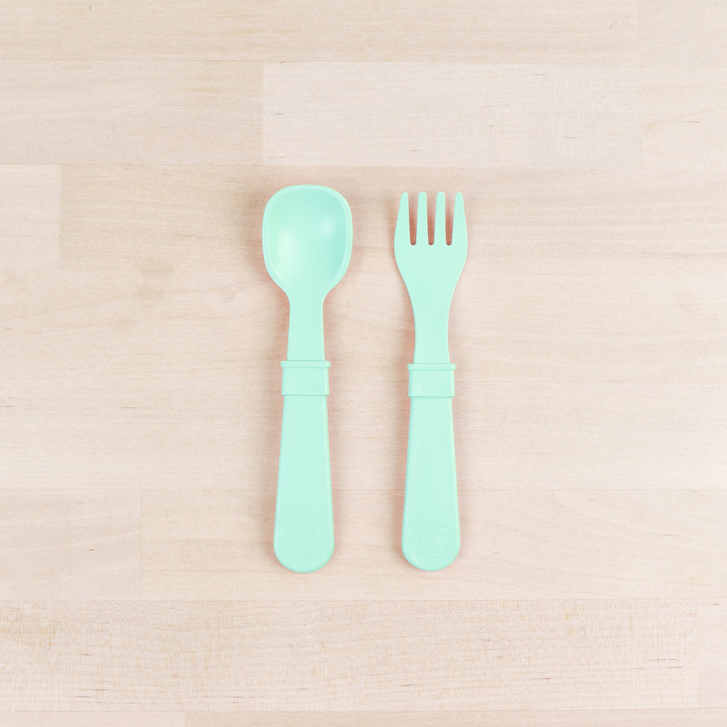mint Replay spoon and fork set made out of recycled plastic   Mikki and Me Kids