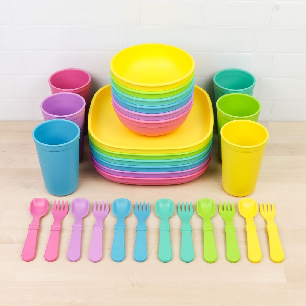 replay recycled plastic tableware set for kids in sorbet colours