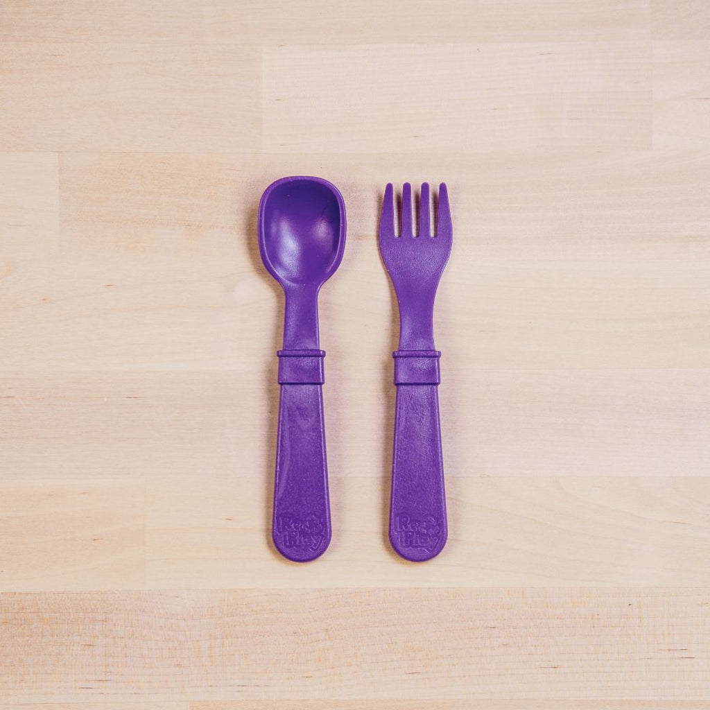 amethyst Replay spoon and fork set made out of recycled plastic   Mikki and Me Kids