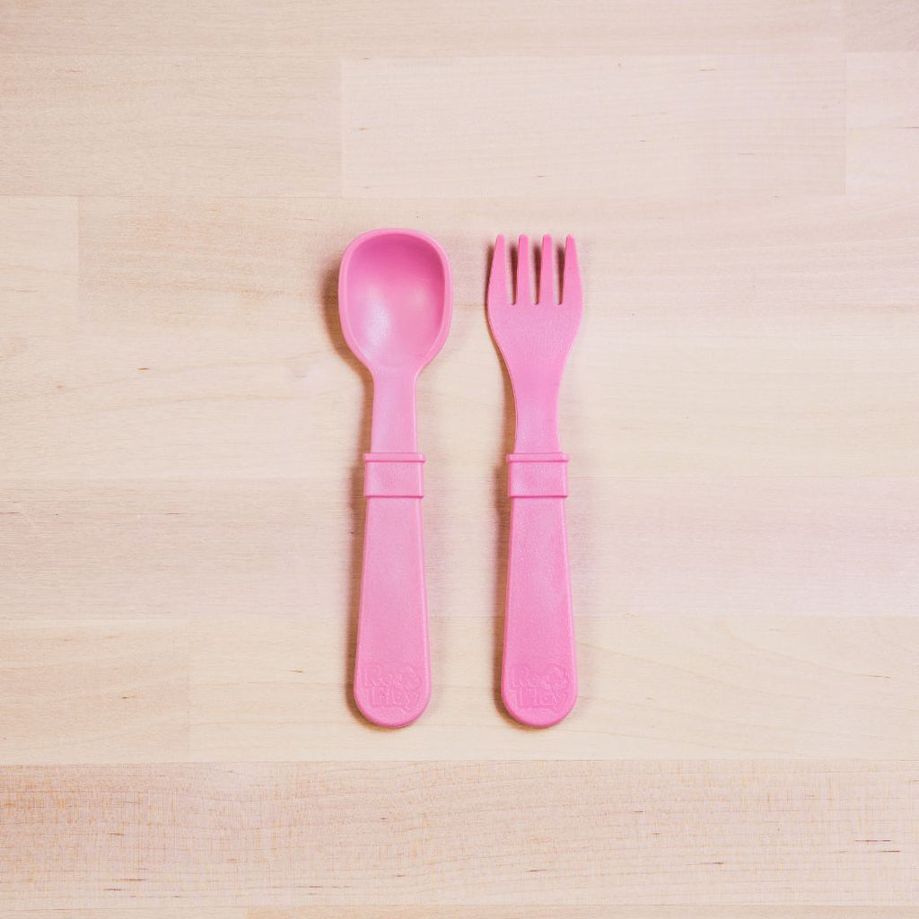 blush Replay spoon and fork set made out of recycled plastic   Mikki and Me Kids