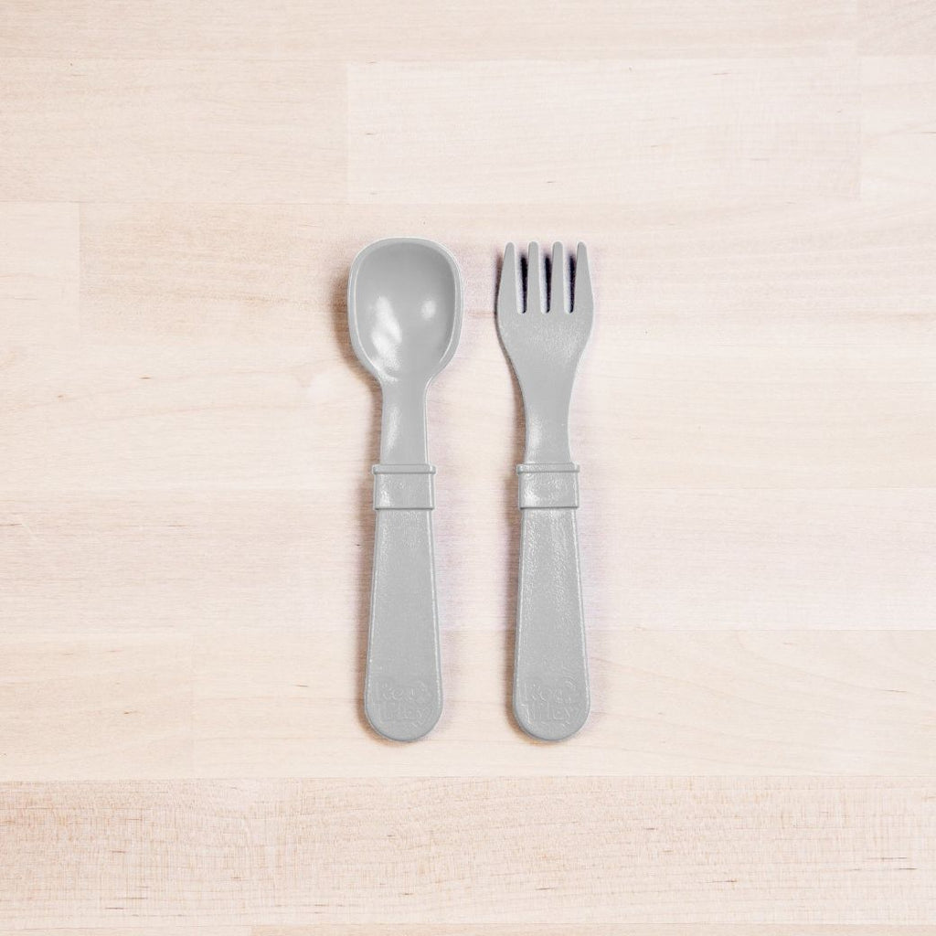 grey Replay spoon and fork set made out of recycled plastic   Mikki and Me Kids