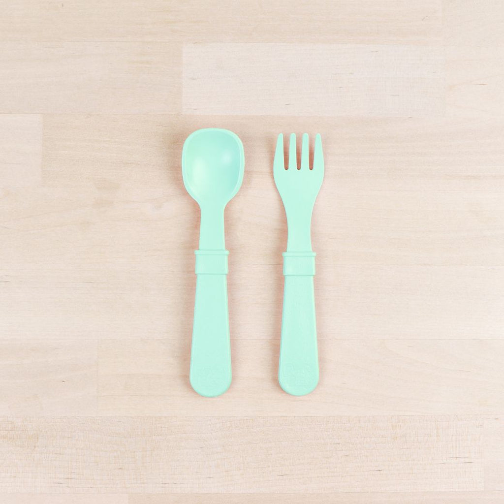 mint Replay spoon and fork set made out of recycled plastic   Mikki and Me Kids