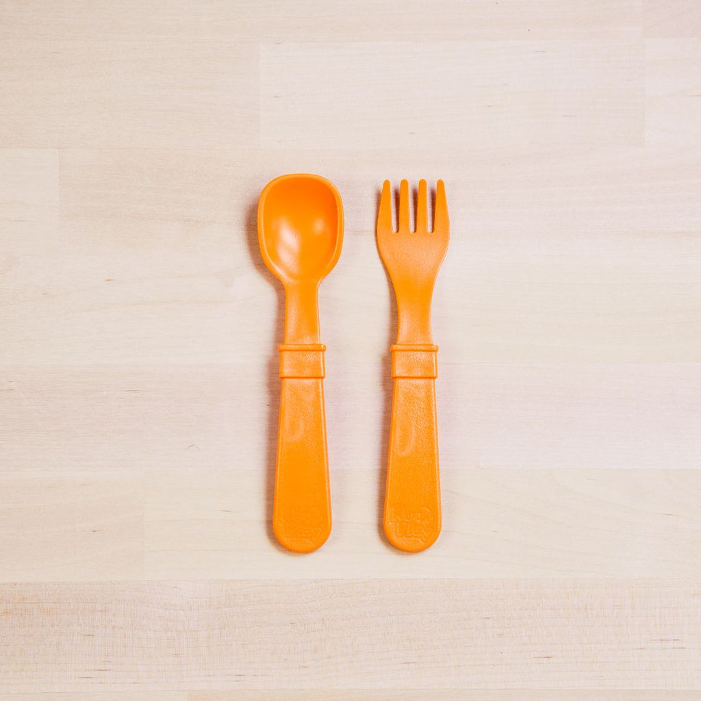 orange Replay spoon and fork set made out of recycled plastic   Mikki and Me Kids