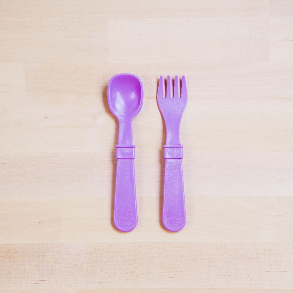 purple Replay spoon and fork set made out of recycled plastic   Mikki and Me Kids