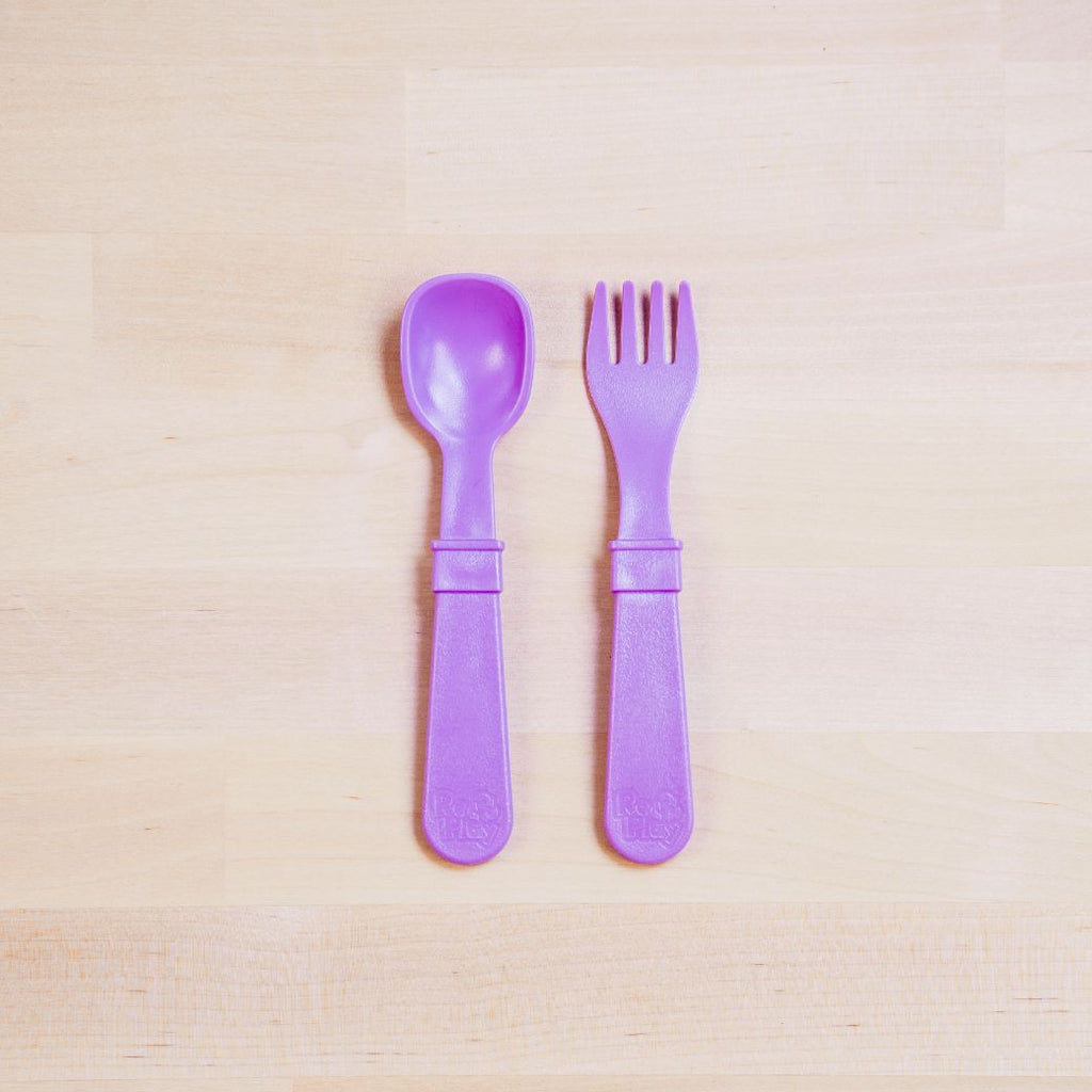 purple Replay spoon and fork set made out of recycled plastic   Mikki and Me Kids