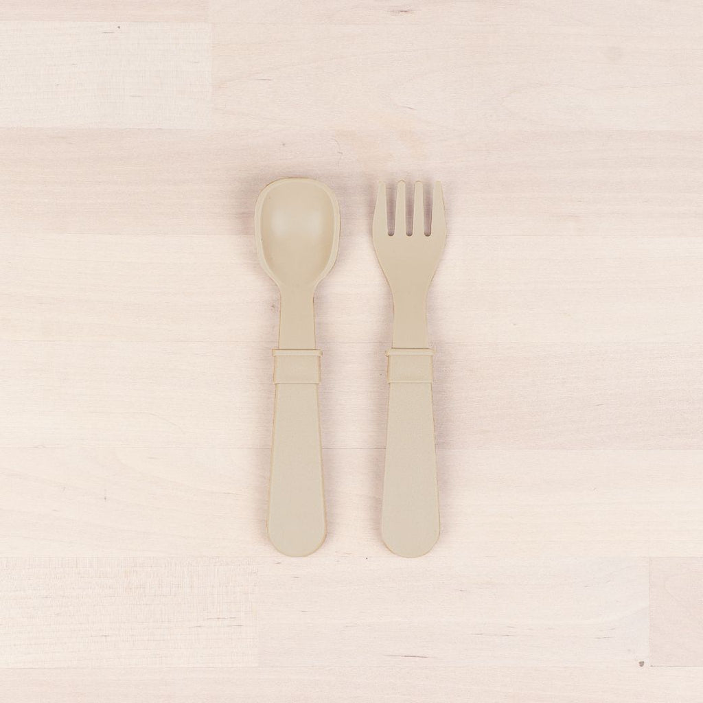 sand Replay spoon and fork set made out of recycled plastic   Mikki and Me Kids